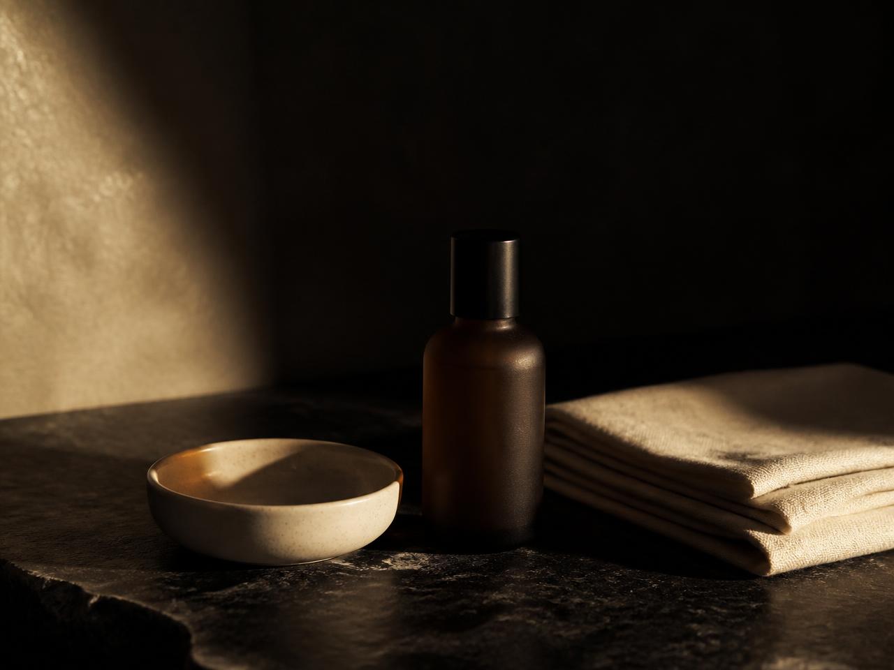 Example care photograph of an amber bottle and folded linen